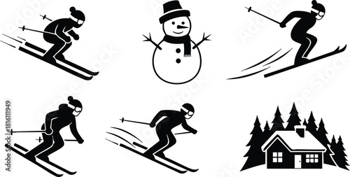 Skiing figures, snowman, and cabin create a joyful winter scene for holiday celebrations 