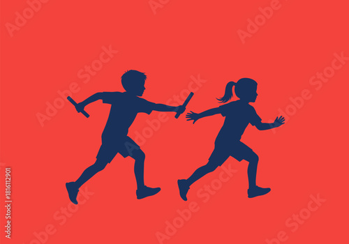 Silhouette of kids running in a relay race on bold red background