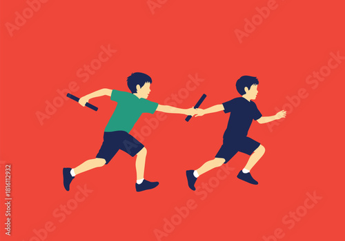 Colorful silhouette of kids running a relay race on a simple background