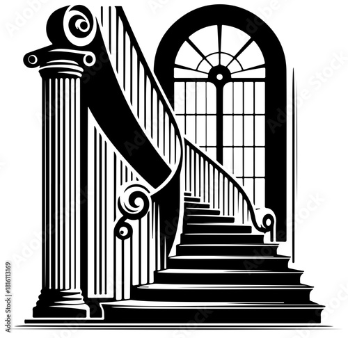 A striking black and white staircase features ornate railing posts and evenly spaced balusters, creating dramatic lines and a deep shadow. This architectural detail conveys elegance