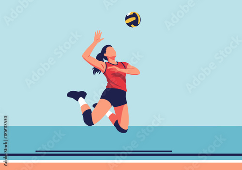 Dynamic female volleyball player in mid-air jump with volleyball