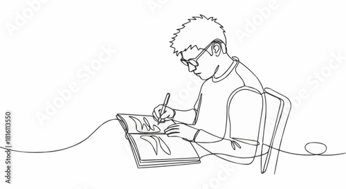 Young boy wearing glasses diligently writing in a book.