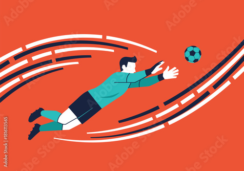 Dynamic soccer goalie dive in motion with abstract graphic elements