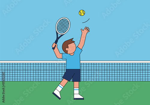Flat style tennis player serving on court with net background