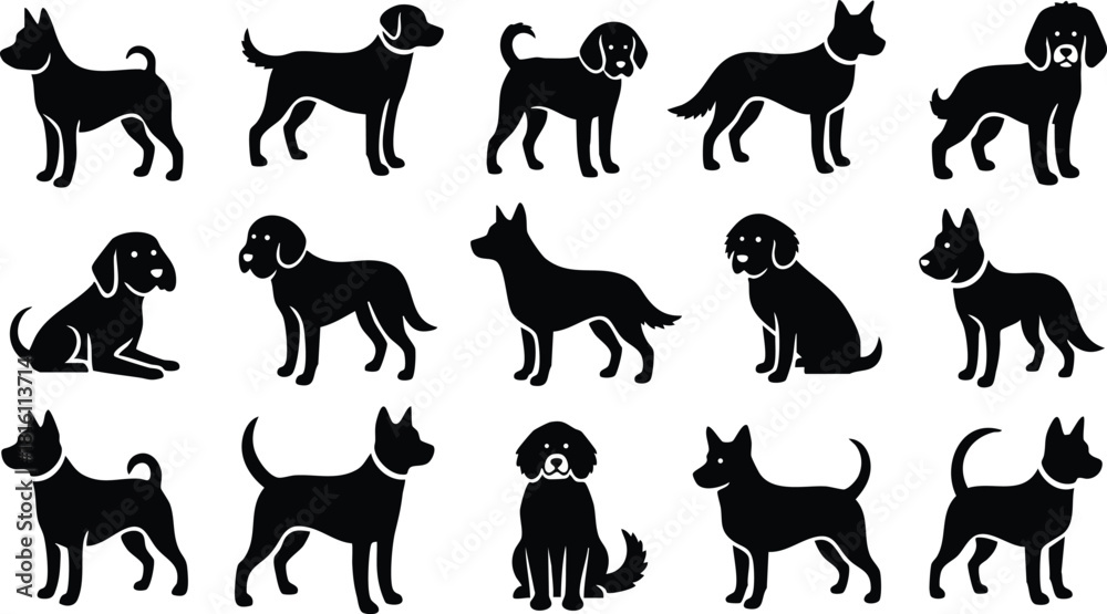 Obraz premium Various dog silhouettes in playful poses showcasing different breeds in a minimalist vector design for animal lovers 