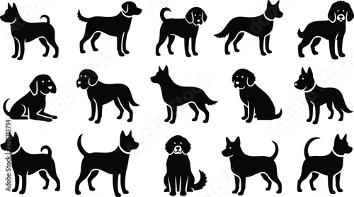 Various dog silhouettes in playful poses showcasing different breeds in a minimalist vector design for animal lovers 