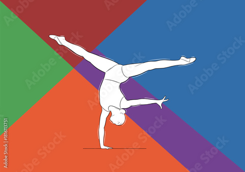 Dynamic gymnast performing handstand on colorful geometric background