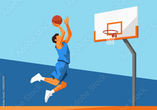 Dynamic flat style basketball player dunking in action on court