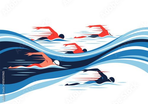 Dynamic swimmers racing through abstract waves in a minimalist style