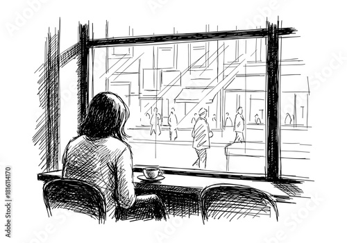 Sketch of woman in café gazing through window at busy urban street scene