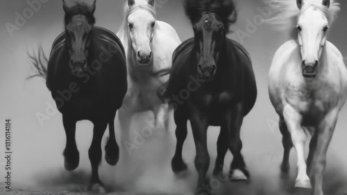 Four horses galloping forward in black and white dust cloud