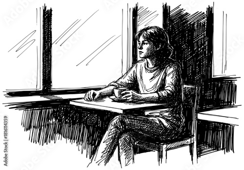 Sketch of woman drinking coffee alone in cafe by window