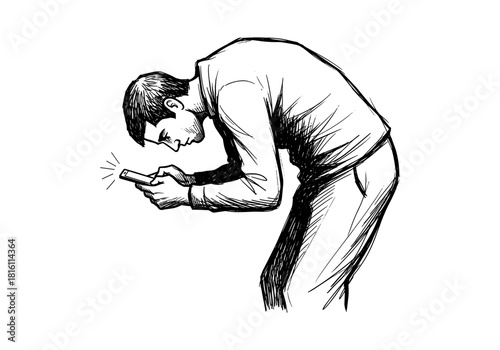Hand-drawn sketch of man using smartphone with slouched posture