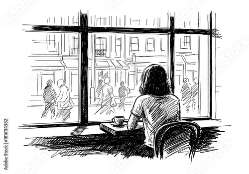 Hand-drawn interior of a cafe with a woman looking out at city street