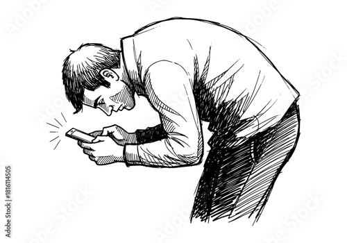 Sketch of bent man engrossed in smartphone use reflecting technology's impacts
