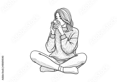 Cozy winter vibes: woman relaxing with hot drink in sketch style
