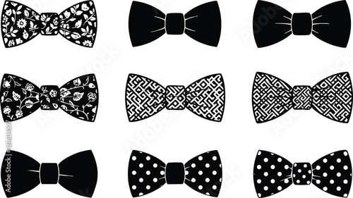 Variety of black bow ties with unique patterns and designs for formal occasions and events 