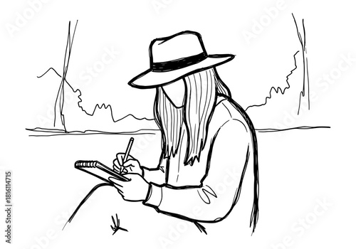Woman sketching outdoors in black and white line art style