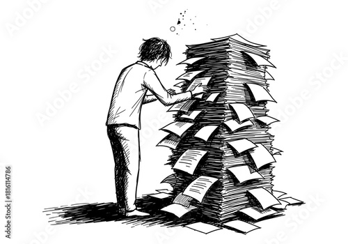 Overwhelmed by paperwork: stressful workload in a sketchy black and white scene