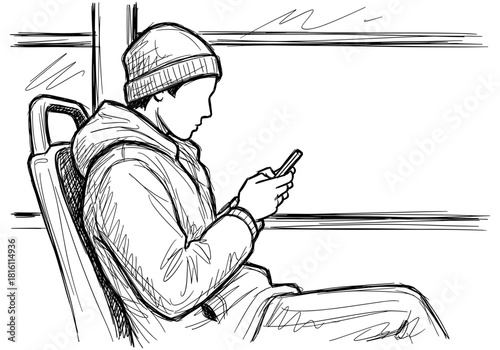 Sketch of person in winter clothing on public transport using mobile phone