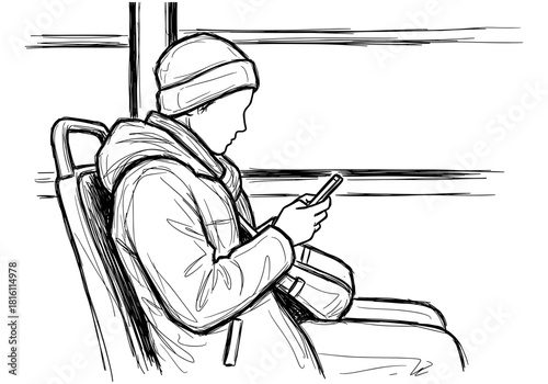 Urban sketch of young person with phone on public transportation