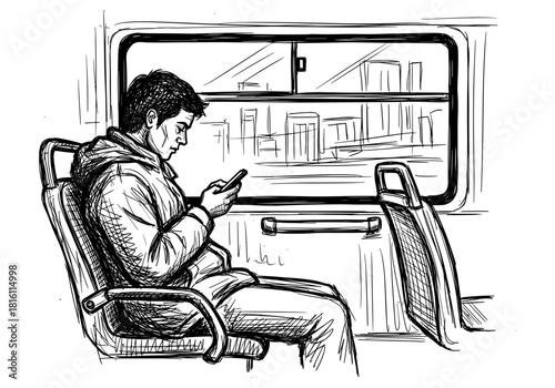 Sketch of a man in winter coat using mobile phone on train journey