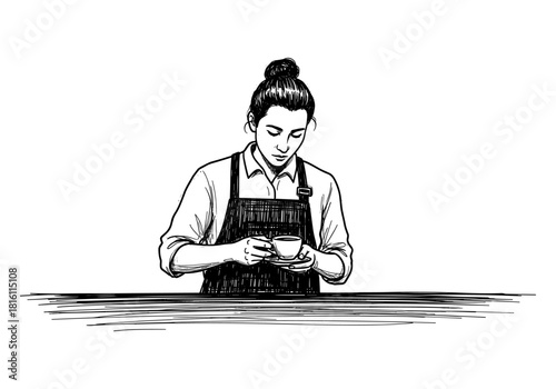 Barista in apron holding coffee cup in hand-drawn sketch style