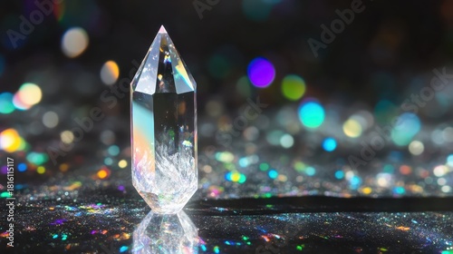 A multifaceted clear crystal prism refracting a vibrant spectrum of light against a bokeh background