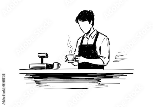 Barista sketch: hand-drawn coffee shop scene with cash register