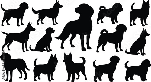 Various dog silhouettes showcasing diverse breeds in a playful and artistic arrangement for pet lovers and enthusiasts 