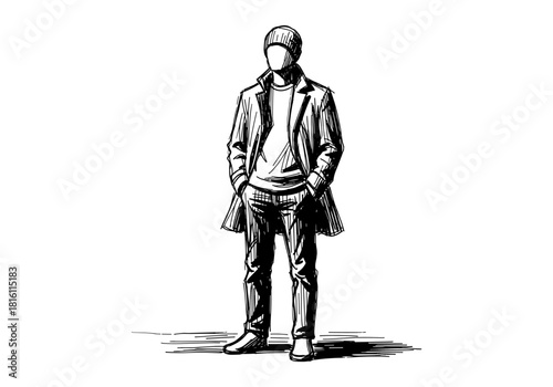 Monochrome sketch of faceless man in casual fashion pose