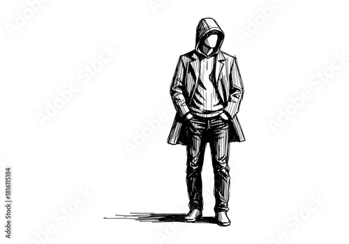 Urban hoodie fashion sketch of faceless figure with hands in pockets