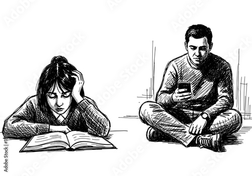 Monochrome sketch of two people: reading and using mobile devices