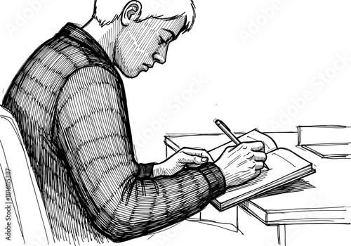 Sketch of a concentrated student writing in a journal at a desk