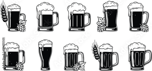 Beer mugs collection featuring different styles and foamy tops for beverage enthusiasts and craft brewers 