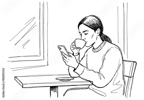 Woman enjoying coffee and smartphone in cozy cafe sketch