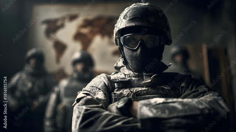 Obraz premium Military officer leading tactical operations team in global conflict