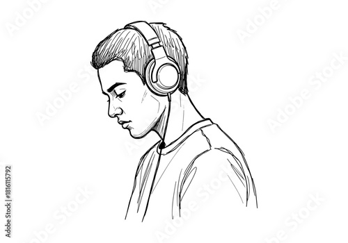 Young man listening to music with headphones in black and white sketch