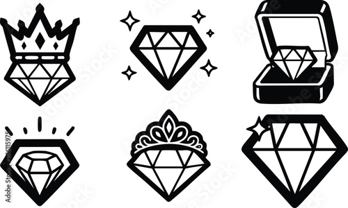 Diamond illustrations featuring various designs, including crowns and rings, perfect for jewelry and luxury themes 