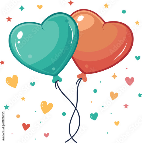 Two colorful heart-shaped balloons floating together, a romantic and celebratory illustration for Valentine's Day or a special occasion