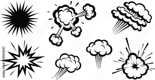 Explosive burst designs featuring various styles of blasts and clouds for dynamic graphic projects 