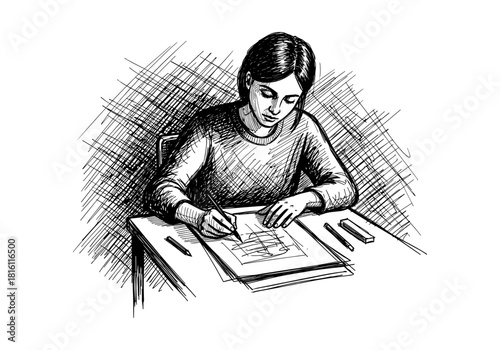 Hand-drawn sketch of a woman drawing at desk in black and white