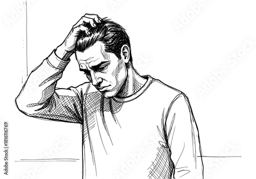 Pensive man in sketch style pondering life's challenges