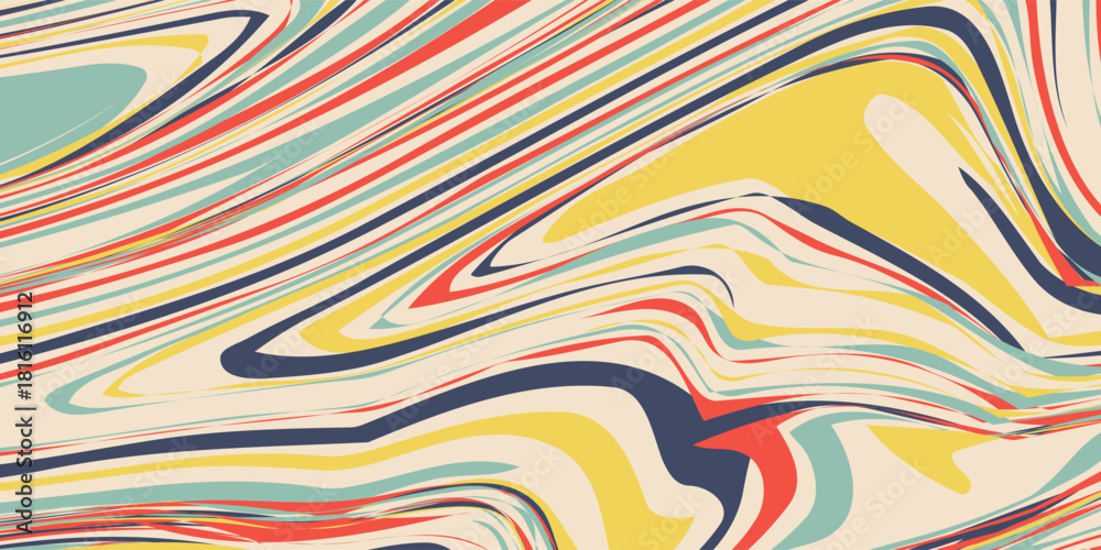 Naklejka premium Groovy 70s psychedelic background with swirl and wave patterns. Twisted retro vector texture in vibrant Y2K aesthetic. Perfect for posters, album covers, fashion, and vintage-themed designs. eps 10