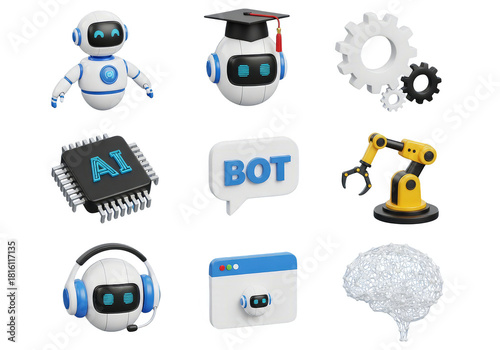 A collection of 3d rendered ai icons isolated on transparent background, featuring robots, gears, a microchip, a chat bubble, a robotic arm, headphones, a browser window, and a brain