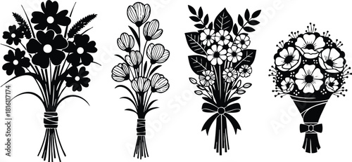 Floral bouquets collection featuring various flower arrangements in black and white for decoration and design purposes 