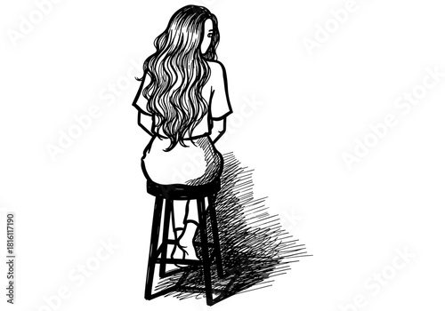 Sketch style illustration of woman sitting on stool with long hair