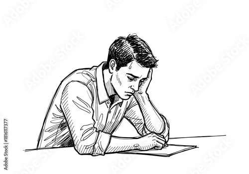 Pensive man in sketch style contemplating ideas at desk