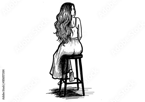 Elegant woman seated on stool in detailed sketch style