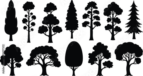 Various tree silhouettes in black showcasing diverse shapes and sizes for nature-themed designs and illustrations 